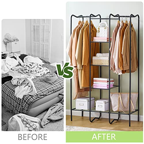 Clothes Rack with Shelves, Metal Closet Wardrobe Clothes Organizer, Portable Wardrobe Closet for Hanging Clothes with Hanging Rods, Freestanding Wire Shelving Garment Rack Closet Organizer and Storage