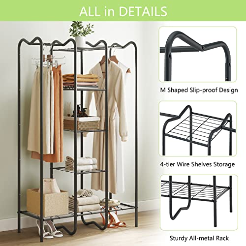 Clothes Rack with Shelves, Metal Closet Wardrobe Clothes Organizer, Portable Wardrobe Closet for Hanging Clothes with Hanging Rods, Freestanding Wire Shelving Garment Rack Closet Organizer and Storage