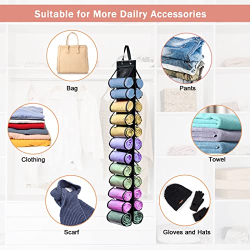 2 Pack Legging Hanging Storage Organizer, HUNTALG Yoga Leggings Space Saving Bag Storage Hanger with 24 Compartment, Foldable Clothes Closets Roll Holder for T-Shirt, Towel, Legging, Jean (Black)