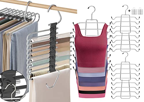 2 Pack Upgrade 9 Layers Pants Hangers Space Saving Black+2 Pack Tank Top Hangers Space Saving Metal Bra Organizer for Closet Organizer Dorm Room Essentials