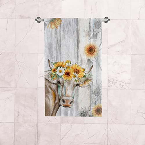 Vantaso Bath Hand Towels Set of 2 Cute Cow Sunflowers Vintage Soft and Absorbent Washcloths Kitchen Hand Towel for Bathroom Hotel Gym Spa