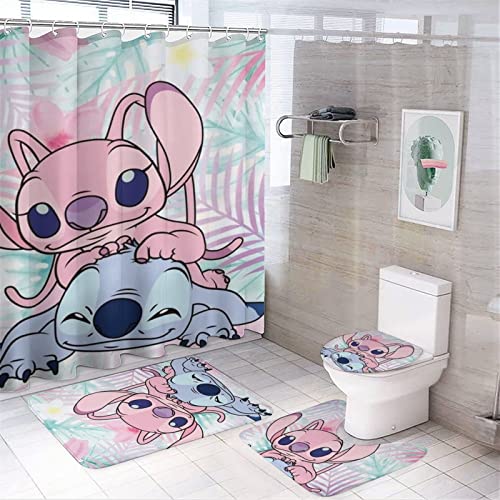 fmsnupz Cartoon Shower Curtain 4PCS Set, Cute Bathroom Decor with Non-Slip Rugs, Toilet Lid Cover and Bath Mat, Waterproof Fabric Shower Curtains with 12 Hooks, 70.8"x70.8"