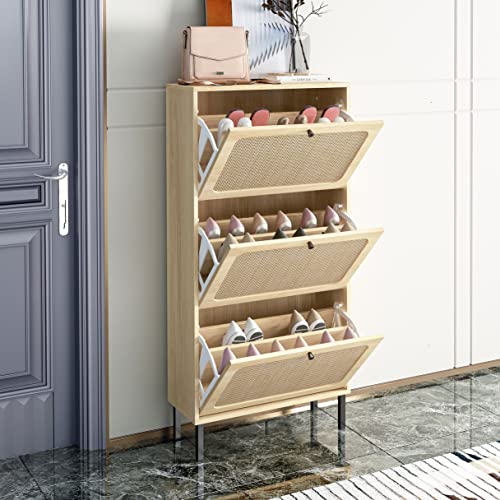 Rattan 3-Drawer Shoe Cabinet Rustic Freestanding Shoe Rack Organizer Wooden Entryway Narrow Shoe Storage Cabinet w/Natural Rattan Flip Doors for Closet Hallway Small Space(1 Pack-Natural)