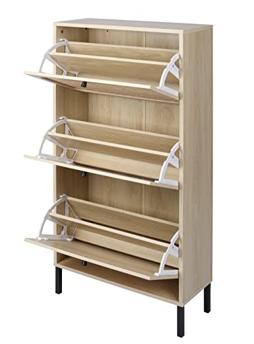 Rattan 3-Drawer Shoe Cabinet Rustic Freestanding Shoe Rack Organizer Wooden Entryway Narrow Shoe Storage Cabinet w/Natural Rattan Flip Doors for Closet Hallway Small Space(1 Pack-Natural)