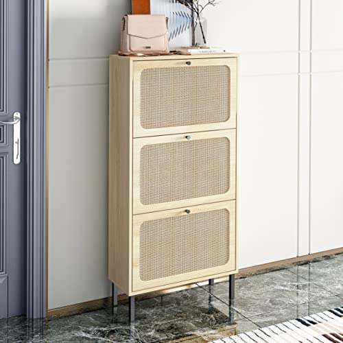 Rattan 3-Drawer Shoe Cabinet Rustic Freestanding Shoe Rack Organizer Wooden Entryway Narrow Shoe Storage Cabinet w/Natural Rattan Flip Doors for Closet Hallway Small Space(1 Pack-Natural)