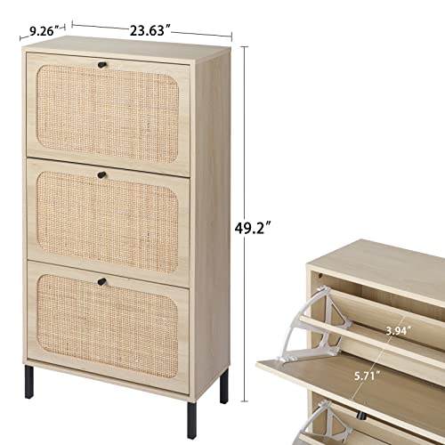 Rattan 3-Drawer Shoe Cabinet Rustic Freestanding Shoe Rack Organizer Wooden Entryway Narrow Shoe Storage Cabinet w/Natural Rattan Flip Doors for Closet Hallway Small Space(1 Pack-Natural)