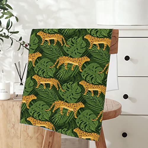 UNRAKD Microfiber Washcloths Towel Cute Leopards and Tropical Leaves Soft and Absorbent, Machine Washable Hand Towel for Bathroom, Spa, and Gym Towel