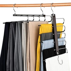 Wetheny Solid Wood with Stainless Steel Pants Hangers Space Saving,360° Rotating Chrome Swivel Hook with 5 Anti-Rust Trouse Hanger,Closet Clothes Organizer for Trousers Scarves Slack (1 Pack)