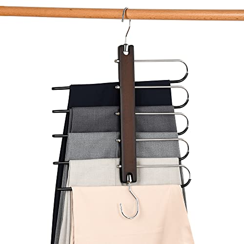 Wetheny Solid Wood with Stainless Steel Pants Hangers Space Saving,360° Rotating Chrome Swivel Hook with 5 Anti-Rust Trouse Hanger,Closet Clothes Organizer for Trousers Scarves Slack (1 Pack)