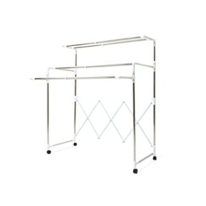 rygoal clothing racks for hanging clothes, 3 tier heavy duty garment rack with retractable hanging pole and 360° rolling casters, multifunctional bedroom clothes rack freestanding closet wardrobe rack