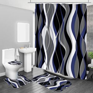 mitovilla 4 pcs modern bathroom sets with shower curtain and rugs, striped shower curtain sets with rugs for bathroom decor, bathroom decor curtain sets with mats and accessories, navy blue and black