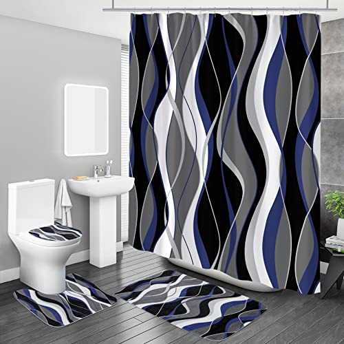 MitoVilla 4 Pcs Modern Bathroom Sets with Shower Curtain and Rugs, Striped Shower Curtain Sets with Rugs for Bathroom Decor, Bathroom Decor Curtain Sets with Mats and Accessories, Navy Blue and Black