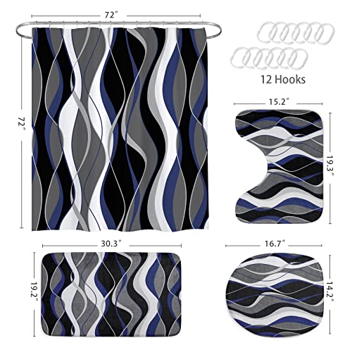 MitoVilla 4 Pcs Modern Bathroom Sets with Shower Curtain and Rugs, Striped Shower Curtain Sets with Rugs for Bathroom Decor, Bathroom Decor Curtain Sets with Mats and Accessories, Navy Blue and Black