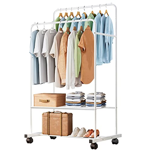 Untyo Clothing Rack with Wheels Double Rails Clothes Rack Rolling Rack for Indoor Bedroom Clothes Rack Max Load 110LBS Shelf on Wheels(White)