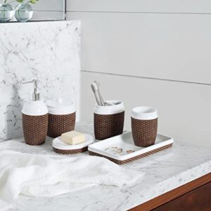 Motifeur Bathroom Accessories Set, 6-Piece Resin Bath Accessory Complete Set with Lotion Dispenser/Soap Pump, Cotton Jar, Vanity Tray, Soap Dish, Tumbler and Toothbrush Holder (Brown and White)