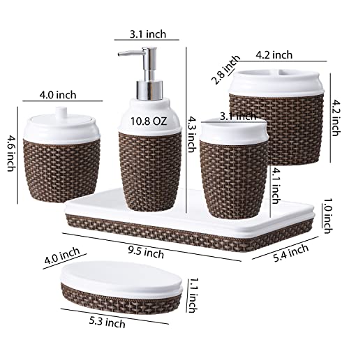 Motifeur Bathroom Accessories Set, 6-Piece Resin Bath Accessory Complete Set with Lotion Dispenser/Soap Pump, Cotton Jar, Vanity Tray, Soap Dish, Tumbler and Toothbrush Holder (Brown and White)