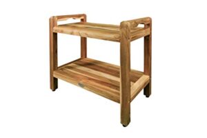 ecodecors eleganto earthy teak shower bench 2-tier wooden seat spa shower stool with storage shelf and ltaide arms,for indoor and outdoor- 24 inches