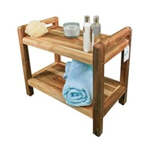 EcoDecors Eleganto Earthy Teak Shower Bench 2-Tier Wooden Seat Spa Shower Stool with Storage Shelf and LtAide Arms,for Indoor and Outdoor- 24 Inches