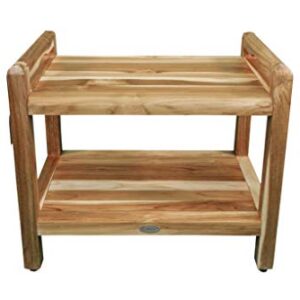 EcoDecors Eleganto Earthy Teak Shower Bench 2-Tier Wooden Seat Spa Shower Stool with Storage Shelf and LtAide Arms,for Indoor and Outdoor- 24 Inches