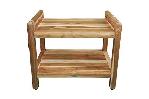 EcoDecors Eleganto Earthy Teak Shower Bench 2-Tier Wooden Seat Spa Shower Stool with Storage Shelf and LtAide Arms,for Indoor and Outdoor- 24 Inches