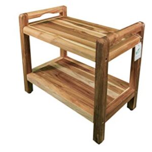 EcoDecors Eleganto Earthy Teak Shower Bench 2-Tier Wooden Seat Spa Shower Stool with Storage Shelf and LtAide Arms,for Indoor and Outdoor- 24 Inches