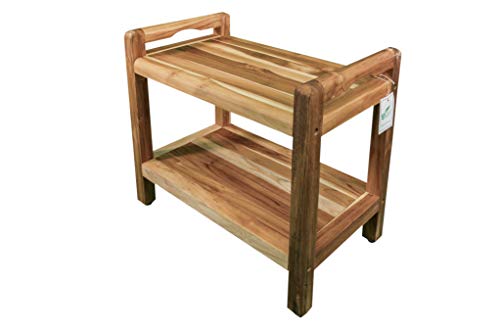 EcoDecors Eleganto Earthy Teak Shower Bench 2-Tier Wooden Seat Spa Shower Stool with Storage Shelf and LtAide Arms,for Indoor and Outdoor- 24 Inches