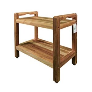 EcoDecors Eleganto Earthy Teak Shower Bench 2-Tier Wooden Seat Spa Shower Stool with Storage Shelf and LtAide Arms,for Indoor and Outdoor- 24 Inches