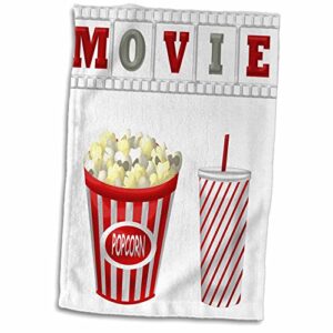 3d rose the word movie with popcorn and soda illustration in hand towel, 15" x 22", red/white/gray