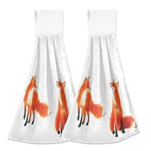 red fox hanging kitchen towels valentine day hand towel 2pcs dish cloth tie towel absorbent oven stove washcloth with loop for bathroom home decorative