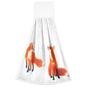 Red Fox Hanging Kitchen Towels Valentine Day Hand Towel 2PCS Dish Cloth Tie Towel Absorbent Oven Stove Washcloth with Loop for Bathroom Home Decorative