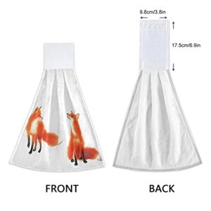 Red Fox Hanging Kitchen Towels Valentine Day Hand Towel 2PCS Dish Cloth Tie Towel Absorbent Oven Stove Washcloth with Loop for Bathroom Home Decorative