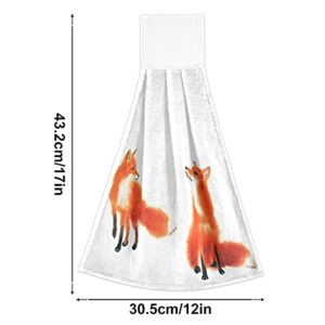 Red Fox Hanging Kitchen Towels Valentine Day Hand Towel 2PCS Dish Cloth Tie Towel Absorbent Oven Stove Washcloth with Loop for Bathroom Home Decorative