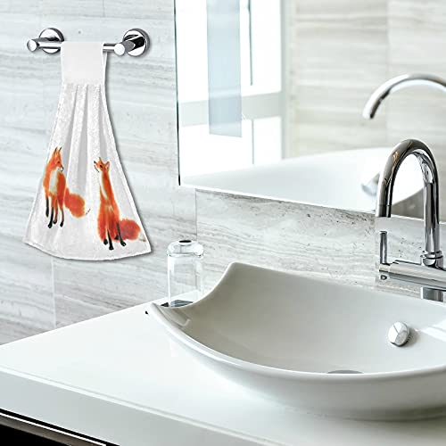 Red Fox Hanging Kitchen Towels Valentine Day Hand Towel 2PCS Dish Cloth Tie Towel Absorbent Oven Stove Washcloth with Loop for Bathroom Home Decorative