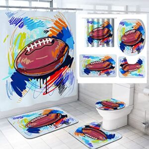kkh american football shower curtain set for boys men, hand painted graffiti art colorful sports bathroom decor, non-slip bath rugs soft toilet mat, 4pcs/set game bathroom decor, 72x72 inch