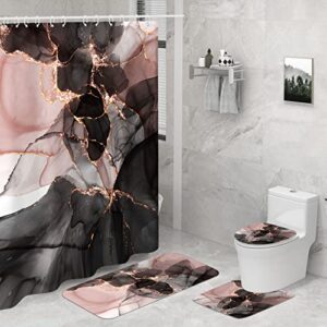 seorsok pink gold marble shower curtain sets 4 piece with rugs,black pink gold bathroom sets with shower curtain and rugs and accessories, modern bathroom decor with bath mats and 12 plastic hooks