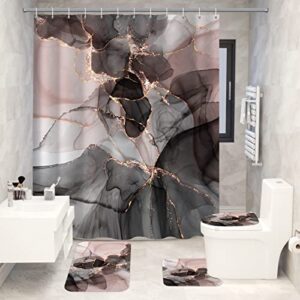 Seorsok Pink Gold Marble Shower Curtain Sets 4 Piece with Rugs,Black Pink Gold Bathroom Sets with Shower Curtain and Rugs and Accessories, Modern Bathroom Decor with Bath Mats and 12 Plastic Hooks