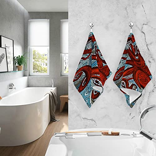 Blueangle Wavy Red Octopus Print Pure Cotton Hand Towels for Bath Decorative Guest Towels Fingertip Towels for Bathroom Spa Gym, 2-Piece, 16 x 28 inches（369）