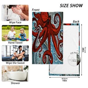 Blueangle Wavy Red Octopus Print Pure Cotton Hand Towels for Bath Decorative Guest Towels Fingertip Towels for Bathroom Spa Gym, 2-Piece, 16 x 28 inches（369）