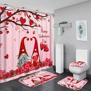 4pcs valentines shower curtain sets with rugs happy valentine's day red rose vintage truck gnomes shower curtain rose flower farm bathroom set hooks toilet lid cover bath mat (happy valentines)