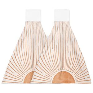 Mid Century Boho Orange Sun Aesthetic Striped Hanging Tie Towel for Kitchen Bathroom, 2 Pack Durable Absorbent Hand Towels Hangable Washing Cloths Home Cleaning Decor Retro Beige