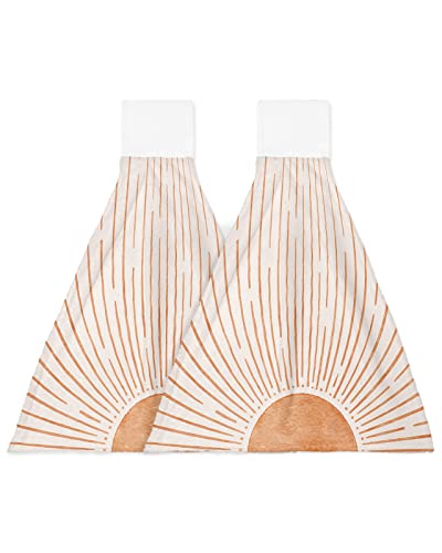 Mid Century Boho Orange Sun Aesthetic Striped Hanging Tie Towel for Kitchen Bathroom, 2 Pack Durable Absorbent Hand Towels Hangable Washing Cloths Home Cleaning Decor Retro Beige