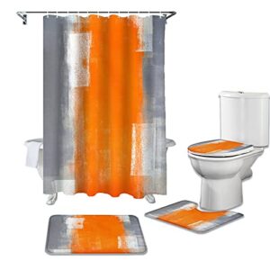 chucoco 4 pcs shower curtain set with bath rugs, abstract artwork gray orange oil waterproof curtains, soft bathroom non-slip floor mats toilet u-shaped pad and toilet lid covers modern art
