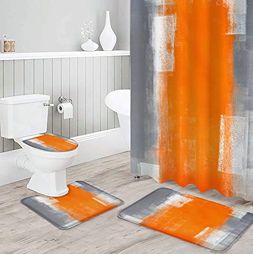 Chucoco 4 PCS Shower Curtain Set with Bath Rugs, Abstract Artwork Gray Orange Oil Waterproof Curtains, Soft Bathroom Non-Slip Floor Mats Toilet U-Shaped Pad and Toilet Lid Covers Modern Art