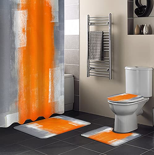 Chucoco 4 PCS Shower Curtain Set with Bath Rugs, Abstract Artwork Gray Orange Oil Waterproof Curtains, Soft Bathroom Non-Slip Floor Mats Toilet U-Shaped Pad and Toilet Lid Covers Modern Art