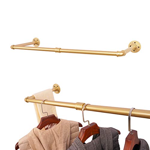 AddGrace Industrial Iron Pipe Clothing Garment Rack Wall Mounted Closet Rod Retail Display Rack Closet Storage Clothes Organizer Gold