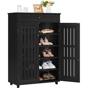 Topeakmart Shoe Rack Storage Cabinet Shelf 5 Tier Adjustable Shoes Organizer with Drawer Louvered Door for Entryway Hallway Furniture Living Room Black