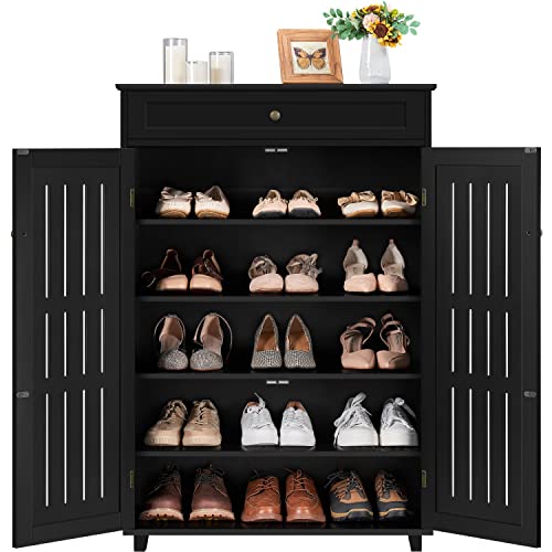 Topeakmart Shoe Rack Storage Cabinet Shelf 5 Tier Adjustable Shoes Organizer with Drawer Louvered Door for Entryway Hallway Furniture Living Room Black