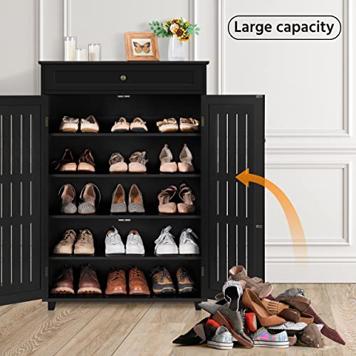 Topeakmart Shoe Rack Storage Cabinet Shelf 5 Tier Adjustable Shoes Organizer with Drawer Louvered Door for Entryway Hallway Furniture Living Room Black