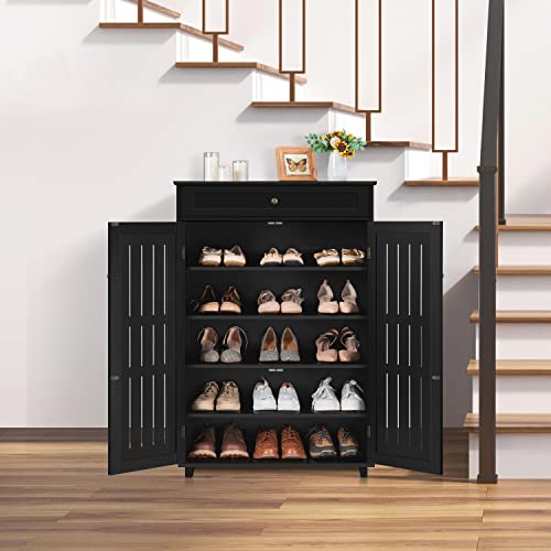 Topeakmart Shoe Rack Storage Cabinet Shelf 5 Tier Adjustable Shoes Organizer with Drawer Louvered Door for Entryway Hallway Furniture Living Room Black