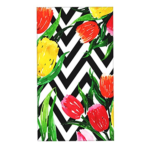 Black and White Wavy Stripes Hand Towel Portable Super Soft Watercolor Red Yellow Tulips Bathroom Towel Fingertip Towel Large Decor Bath Towel Multifunctional Kitchen Gym Yoga Spa 27.5"X15.7"